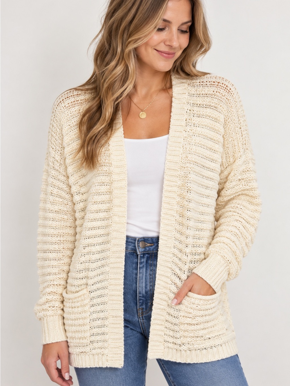 Pink Rose Cream Open-Front Knit Cardigan